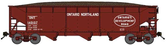 70-Ton Offset-Side 3-Bay Hopper w/Load - Ready to Run -- Ontario Northland #140140 (Boxcar Red, Oval Logo)