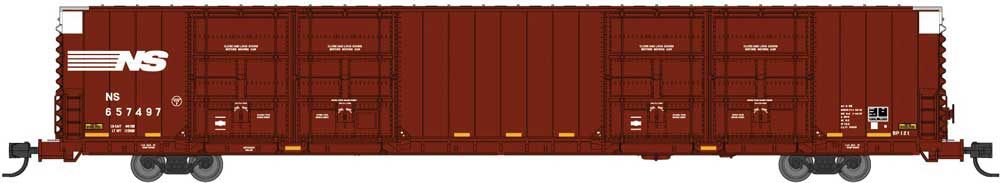 Bluford Shops N-Scale Pullman-Standard 86' Quad Door Auto Parts Boxcar - Ready to Run -- Norfolk Southern #657497 (Boxcar Red, white, yellow conspicuity stripes)