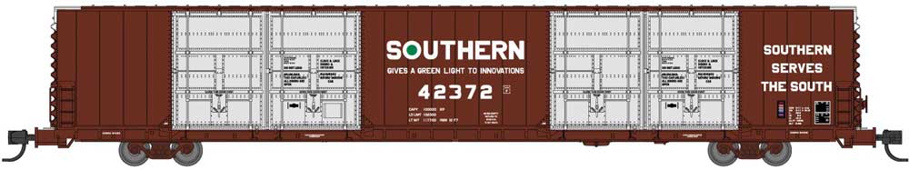 Bluford Shops N-Scale Pullman-Standard 86' Quad Door Auto Parts Boxcar - Ready to Run -- Southern Railway #42372 (Boxcar Red, silver, white, Green Light & South Slog