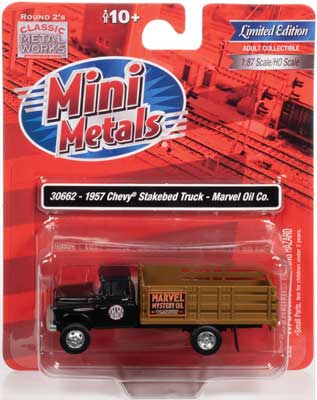 1957 Chevy Stakebed Truck - Assembled -- Marvel Oil (black, brown, orange)