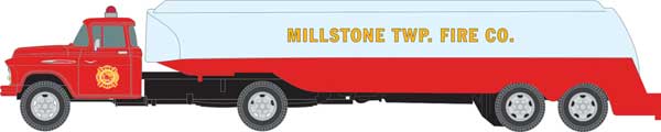 Mini Metals 1957 Chevrolet Tractor with Tank Trailer - Assembled - Mini Metals(R) -- Millstone Township Fire Dept. (silver, red) - 221-31197