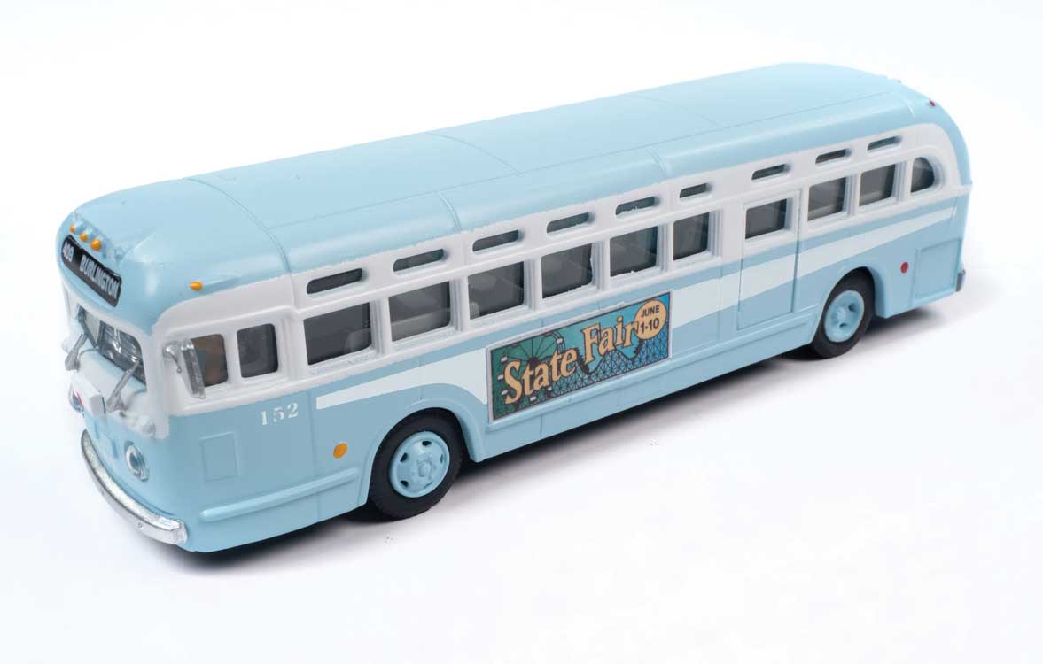 Mini Metals GMC TDH3610 Transit Bus - Assembled - Mini Metals(R) -- New Jersey (light blue, white, State Fair Ad) - 221-32318
