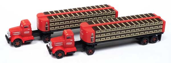 Classic Metal Works N IH R-190 Tractor, Flatbed Trailer, Load 2-Pack - Assembled - Mini Metals -- Coca Cola (red, white)