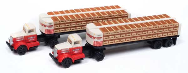 Classic Metal Works N IH R-190 Tractor, Flatbed Trailer, Load 2-Pack - Assembled - Mini Metals -- Kamm's Beer (red, white)