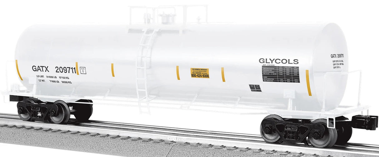 Lionel O 50' Tank Car - 3-Rail - Ready to Run -- GATX #209792 (white, black, yellow)