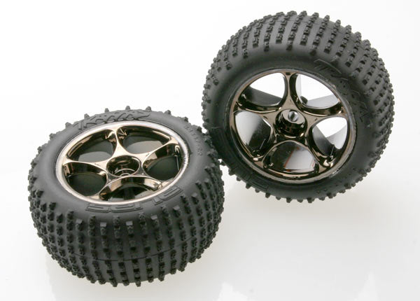 Traxxas 2470A Tires & Wheels , assembled (Tracer 2.2' black chrome Wheels , Alias 2.2' Tires) (2) (Bandit Rear , medium compound with foam Inserts) (TSM Rated) - TRA2470A
