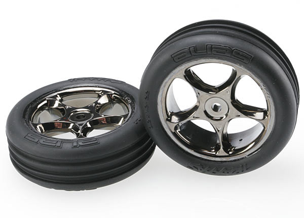 Traxxas 2471A Tires & Wheels, assembled (Tracer 2.2' black chrome Wheels, Alias ribbed 2.2' Tires) (2) (Bandit Front, medium compound w/ foam Inserts) - TRA2471A