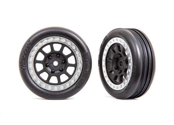 Traxxas 2471G Tires & Wheels, assembled (2.2' black, satin chrome beadlock Wheels, Alias ribbed 2.2' Tires) (2) (Bandit Front, medium compound w/ foam Inserts)