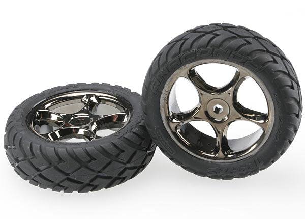 Traxxas 2479A Tires & Wheels , assembled (Tracer 2.2' black chrome Wheels , Anaconda 2.2' Tires with foam Inserts) (2) (Bandit Front) - TRA2479A