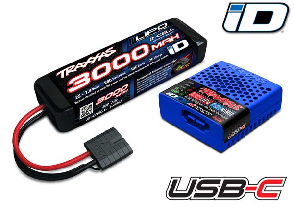 Traxxas 2985-2S Battery/charger Completer pack (includes #2985 USB-C NiMH/LiPo iD charger (1), #2827X 3000mAh 7.4V 2-cell 20C LiPo iD Ba