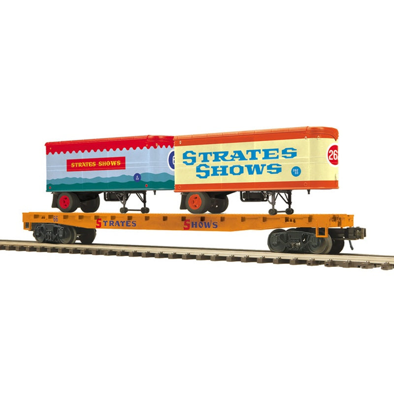 Atlas O 3002599 Flatcar with 2 20' Trailers - 3-Rail - Ready to Run - Premier -- James E. Strates Shows #66 (orange Flatcar)