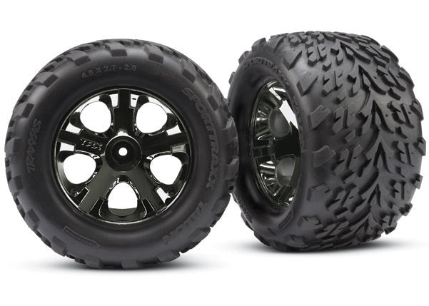 Traxxas 3669A Tires & Wheels, assembled, glued (2.8') (All-Star black chrome Wheels, Talon Tires, foam Inserts) (nitro Rear/ electric Front) (2) (TSM Rated) - TRA3669A