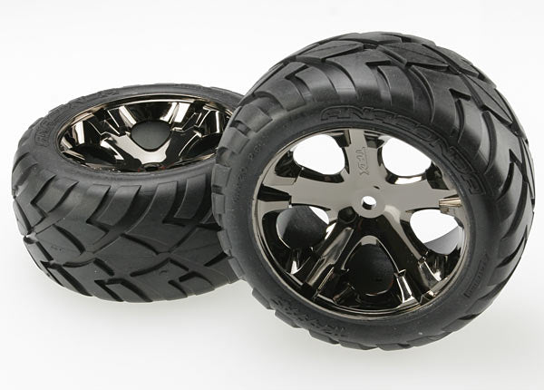 Traxxas 3773A Tires & Wheels , assembled , glued (All Star black chrome Wheels , Anaconda Tires , foam Inserts) (2WD electric Rear) (1 left , 1 right) - TRA3773A