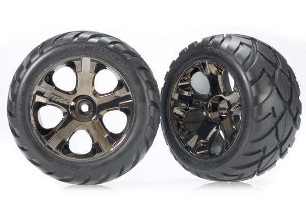 Traxxas 3776A Tires & Wheels, assembled, glued (All-Star black chrome Wheels, Anaconda Tires, foam Inserts) (nitro Rear/ electric Front) (1 left, 1 right) - TRA3776A