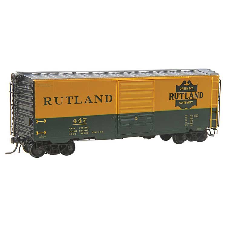 Kadee HO Pullman-Standard PS-1 40' Boxcar w/8' Door - Ready to Run -- Rutland #447 (yellow, green)