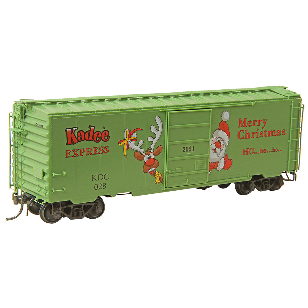 Kadee 40' PS-1 Boxcar Christmas Car 2021 -- Kadee(R) Express #028 (green, red, Santa & Rudolph graphics) - 380-6928