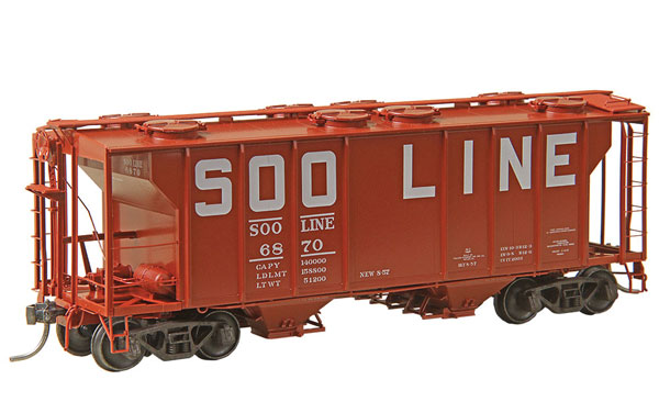 Kadee PS-2 2-Bay Covered Hopper - Ready to Run -- Soo Line 6870 (Blt. 1957, red oxide, white, Squared Billboard Lettering) - 380-8047