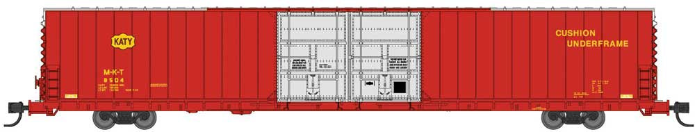 Bluford Shops N Pullman-Standard 86' Auto Parts Double-Door Boxcar - Ready to Run -- Missouri-Kansas-Texas #8502 (red, silver, yellow, Katy Logo)