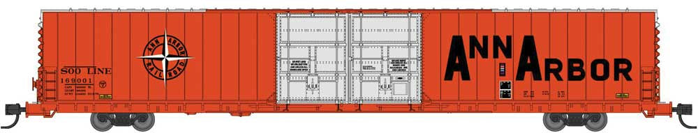 Bluford Shops N Pullman-Standard 86' Auto Parts Double-Door Boxcar - Ready to Run -- Soo Line #169001 (Leased Ann Arbor, orange, black, Compass Logo)