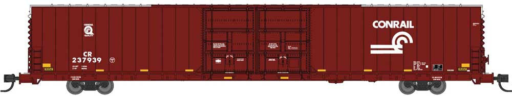 Bluford Shops N Pullman-Standard 86' Auto Parts Double-Door Boxcar - Ready to Run -- Conrail #237967 (Boxcar Red, white, yellow stripes, Quality Logo)