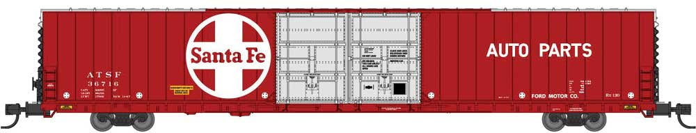 Bluford Shops N Pullman-Standard 86' Auto Parts Double-Door Boxcar - Ready to Run -- Santa Fe #36711 (red, silver, white, Auto Parts Lettering, black ends)