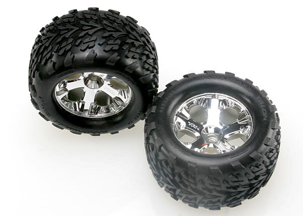 Traxxas 4171 Tires & Wheels, assembled, glued (2.8') (All-Star chrome Wheels, Talon Tires, foam Inserts) (Nitro Stampede Front) (2) - TRA4171