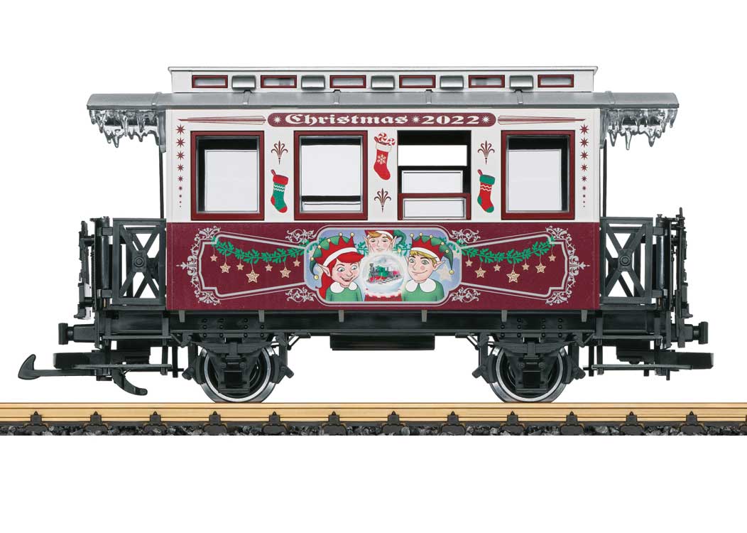 LGB G Scale Wooden 2-Axle Passenger Car - Ready to Run -- 2022 Christmas Car (white, red, silver; Elves Scene) - 426-36022