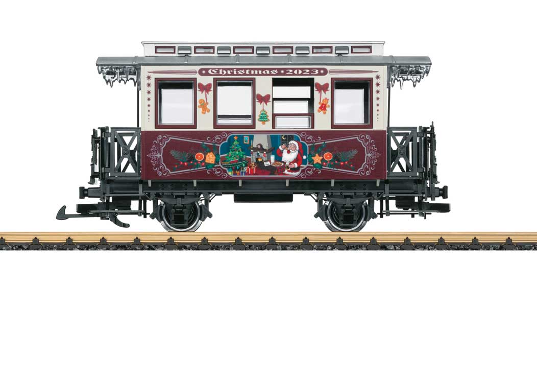 LGB Wooden 2-Axle Passenger Car - Ready to Run -- 2023 Christmas Car (cream, red, silver; Santa Scene, Consuming Milk & Cookies)