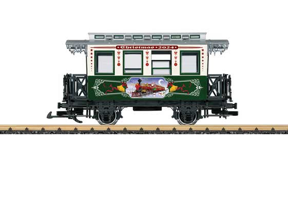 Wooden 2-Axle Passenger Car - Ready to Run -- 2024 Christmas Car (green, white, silver, Train Scene)