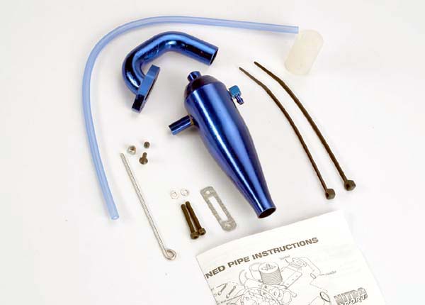 Traxxas 4485 Aluminum tuned pipe & header (Complete w / Mounting Hardware) (strong power across mid and upper RPM range) (blue-anodized) - TRA4485