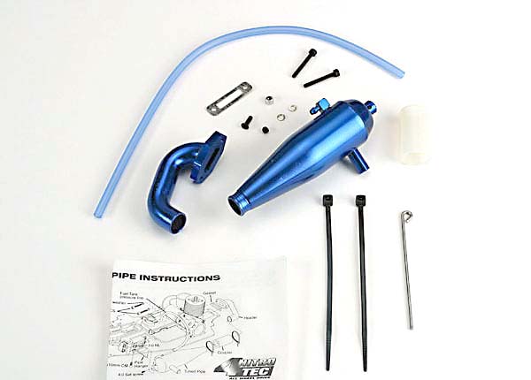 Traxxas 4486 Aluminum tuned pipe & header (Complete w / Mounting Hardware) (strong power across mid and upper RPM range) (blue-anodized) - TRA4486