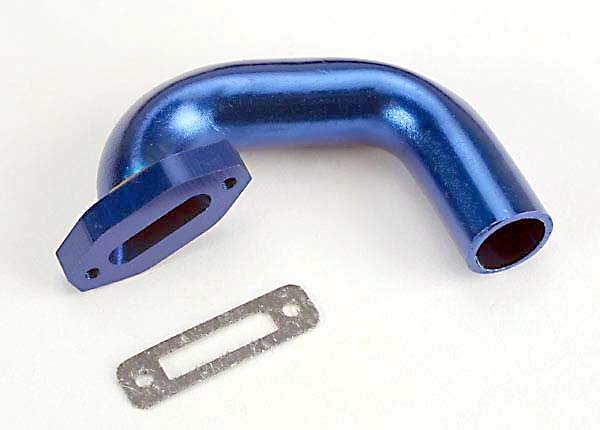 Traxxas 4487 Exhaust header , Perfect fit for N. 4-Tec , N. Rustler / Sport (blue-anodized , aluminum) / header gasket (for side exhaust engines only) - TRA4487