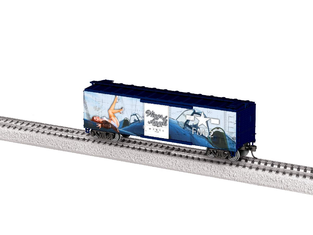 Lionel HO 2654130 40' Steel Flat-End Boxcar - Ready to Run -- Wings of Angels (Kacie, white, blue, Military Pin-Up Model Graphics)