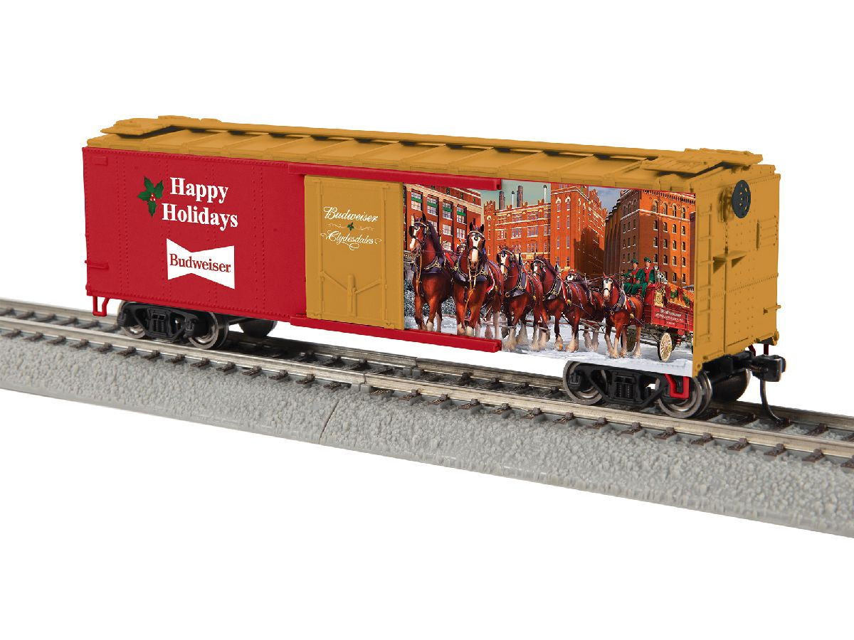 Lionel HO 2654360 40' Steel Flat-End Plug-Door Reefer/Boxcar - Ready to Run -- Anheuser-Busch (Happy Holidays, red, gold, Clydesdales Scene)