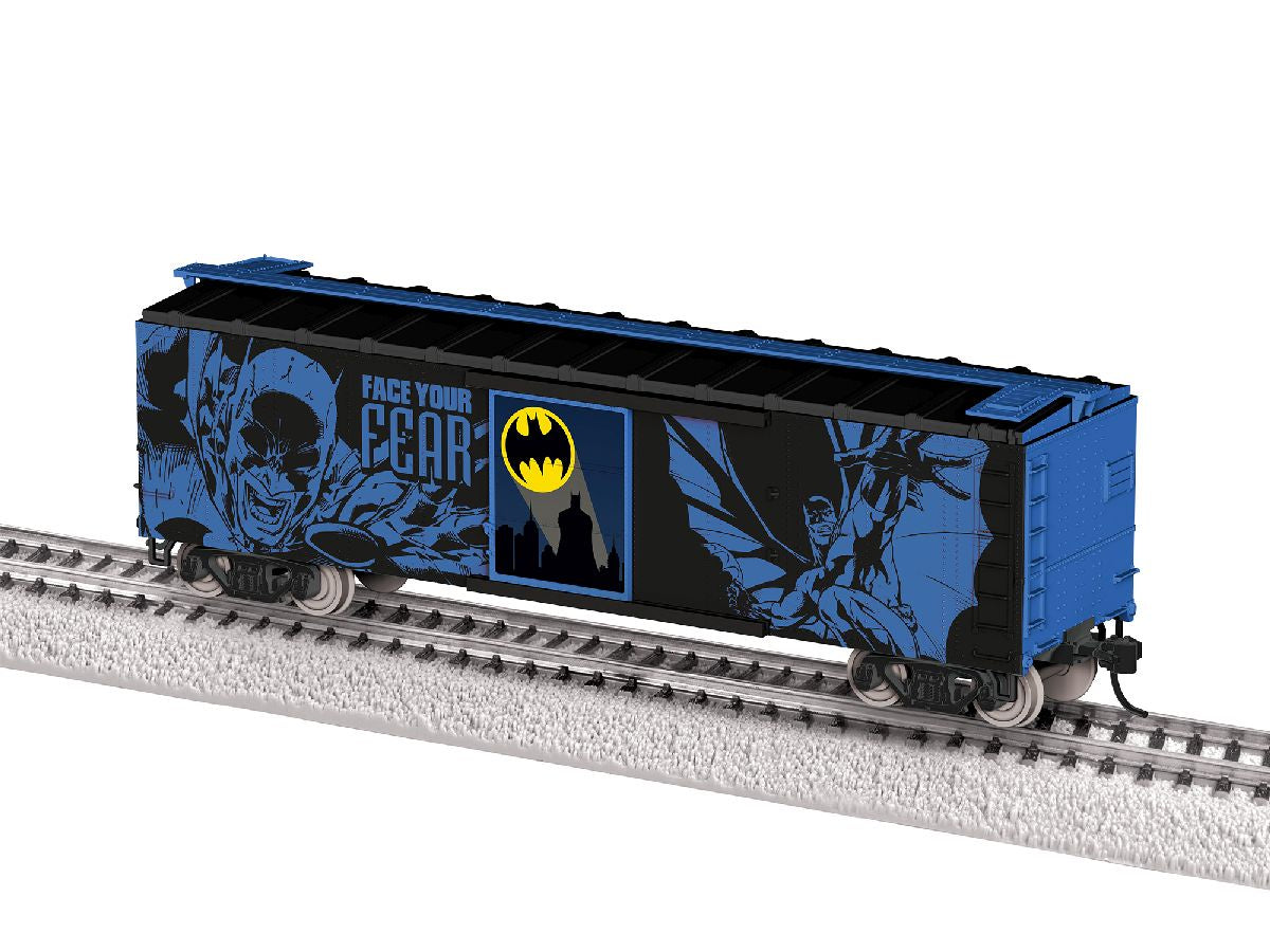 Lionel HO 2654420 40' Steel Flat-End Boxcar - Ready to Run -- Batman (Glow in the Dark, black, blue)