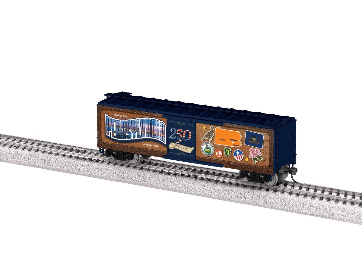 Lionel HO 2664170 40' Steel Flat-End Boxcar - Ready to Run -- Pennsylvania - 50 State Series (brown, blue, 250th America Celebration)