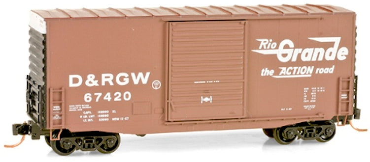 Micro-Trains Pullman-Standard 40' Hy-Cube Boxcar - Ready to Run -- Denver & Rio Grande Western #67420 (Boxcar Red, black, Action Road Slogan) - 489-10100130