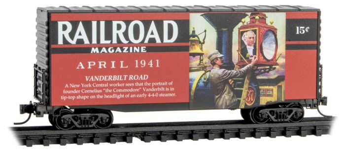 Micro-Trains Modified Pullman-Standard 40' Hy-Cube Boxcar - Ready to Run -- Railroad Magazine April 1941 (red, black, Days Gone By #2) - 489-10100881