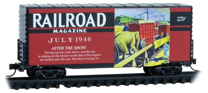 Micro-Trains Modified Pullman-Standard 40' Hy-Cube Boxcar - Ready to Run -- Railroad Magazine, July 1946 (red, black; Years Gone By #5) - 489-10100884