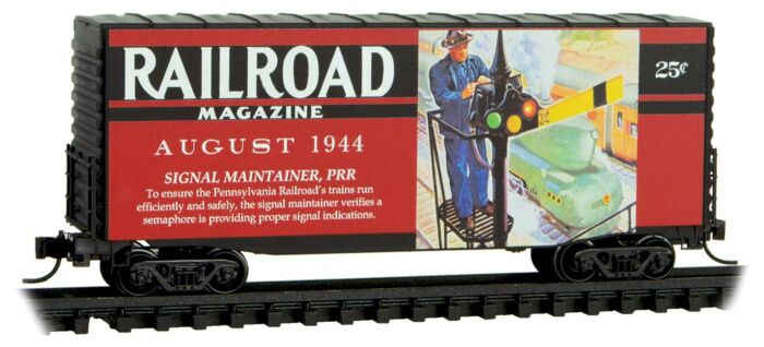 Micro-Trains Modified Pullman-Standard 40' Hy-Cube Boxcar - Ready to Run -- Railroad Magazine, August 1944 (red, black; Years Gone By #6) - 489-10100885