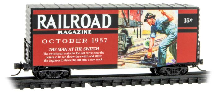 Micro-Trains Modified Pullman-Standard 40' Hy-Cube Boxcar - Ready to Run -- Railroad Magazine, October 1937 Man at Switch (red, black; Years Gone By #8) - 489-10100887