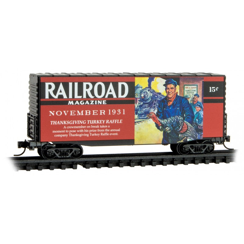 Micro-Trains Modified Pullman-Standard 40' Hy-Cube Boxcar - Ready to Run -- Railroad Magazine, November 1931 Thanksgiving Turkey Raffle (red, black; Yea - 489-10100888