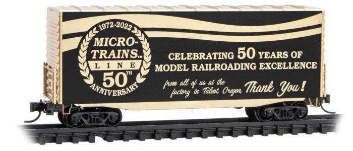 Micro-Trains Modified Pullman-Standard 40' Hy-Cube Boxcar - Ready to Run -- Micro-Trains 50th Anniversary (black, gold) - 489-10100892