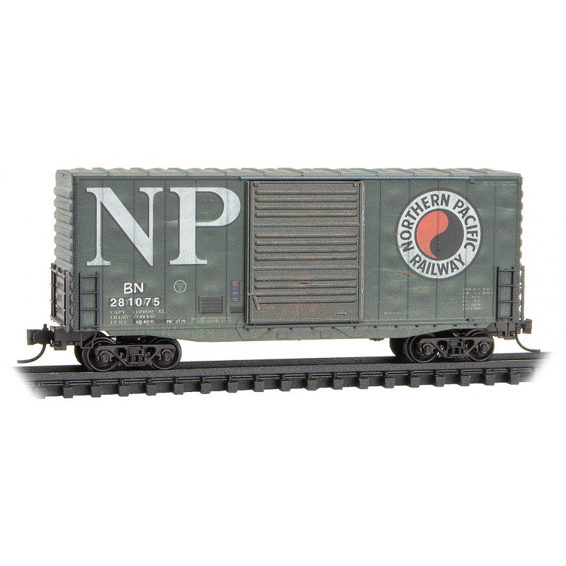 Micro-Trains Pullman-Standard 40' Hy-Cube Boxcar - Ready to Run -- Northern Pacific BN #281075 (Weathered, green, Large Monad & NP, BNSF #4) - 489-10144011