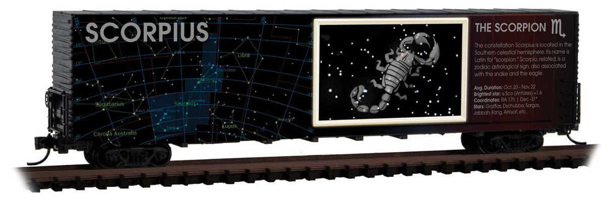 Micro-Trains Illuminated Constellation Zodiac 60' High-Cube Boxcar - Ready to Run -- Scorpio (blue, black) - 489-10200210