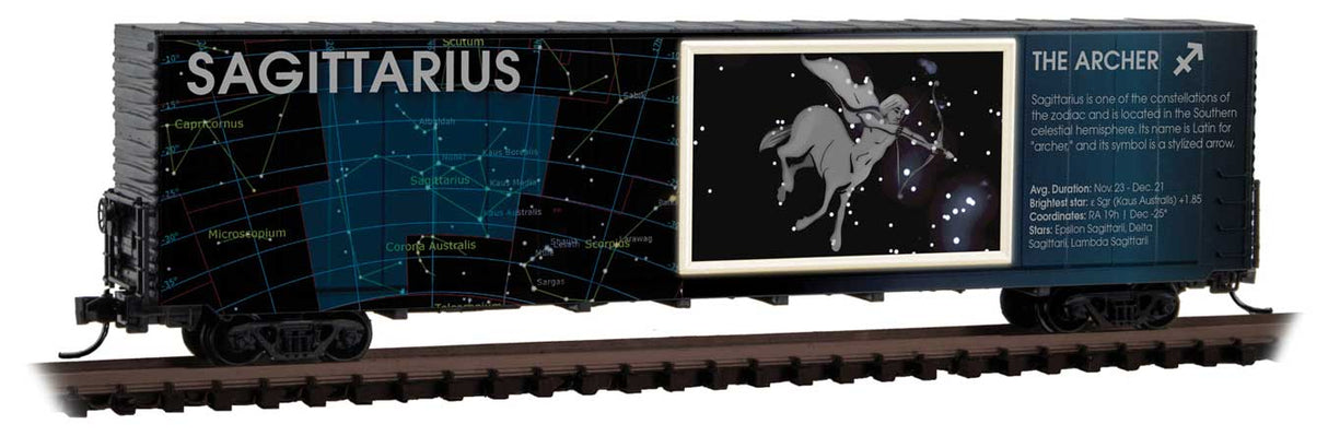 Micro-Trains Illuminated Constellation Zodiac 60' High-Cube Boxcar - Ready to Run -- Sagitarius (blue, black) - 489-10200211
