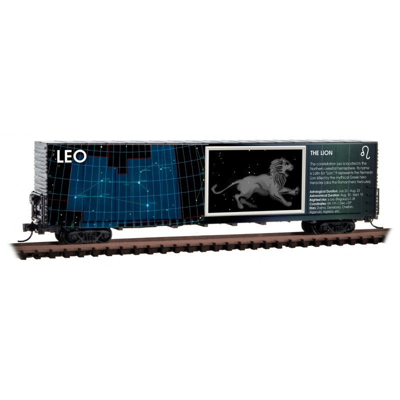 Micro-Trains Illuminated Constellation Zodiac 60' High-Cube Boxcar - Ready to Run -- Leo (blue, black) - 489-10200219