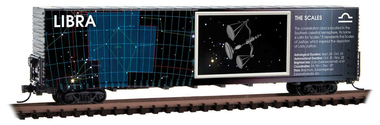Micro-Trains Illuminated Constellation Zodiac 60' High-Cube Boxcar - Ready to Run -- Libra (blue, black) - 489-10200221