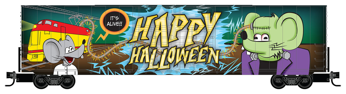 60' Excess-Height Double-Door Boxcar - Ready to Run -- Micro-Mouse Halloween 2023 (green, yellow, purple)