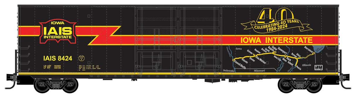 Micro-Trains N 60' Excess-Height Double-Plug-Door Boxcar - Ready-to-Run -- Iowa Interstate #8424 (Fantasy Anniversary Scheme, black, red)